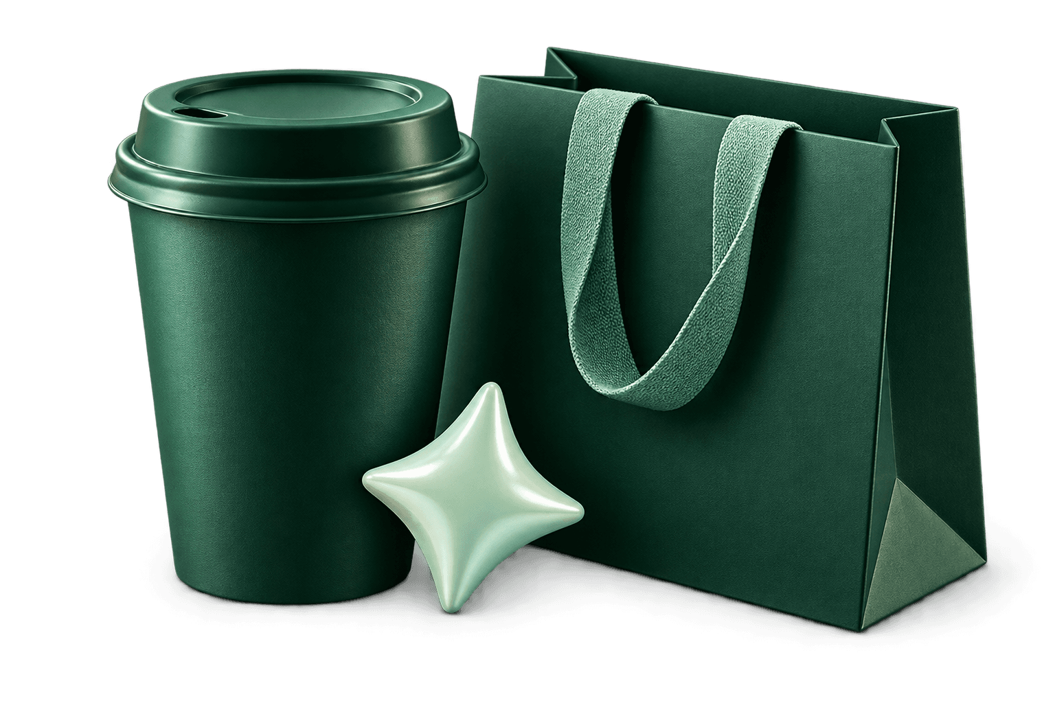 Emerald coffee cup and shopping bag with a mint reward star